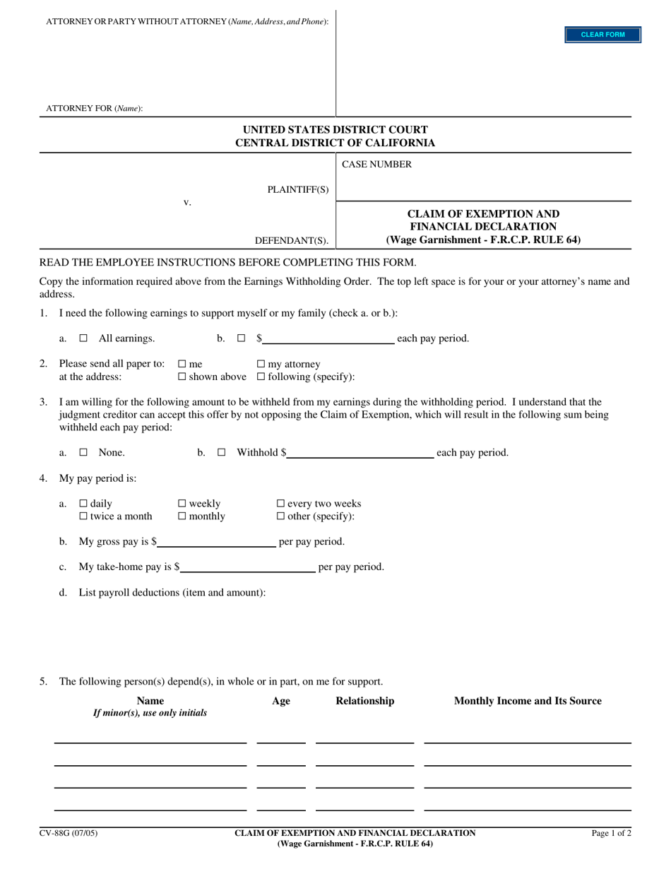 Form CV-88G Claim of Exemption and Financial Declaration (Wage Garnishment - F.r.c.p. Rule 64) - California, Page 1