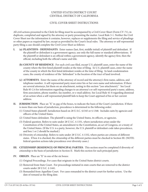 Instructions for Form CV-71A Civil Cover Sheet - California