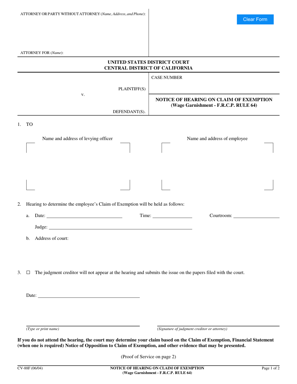 Form CV-88F Notice of Hearing on Claim of Exemption (Wage Garnishment - F.r.c.p. Rule 64) - California, Page 1