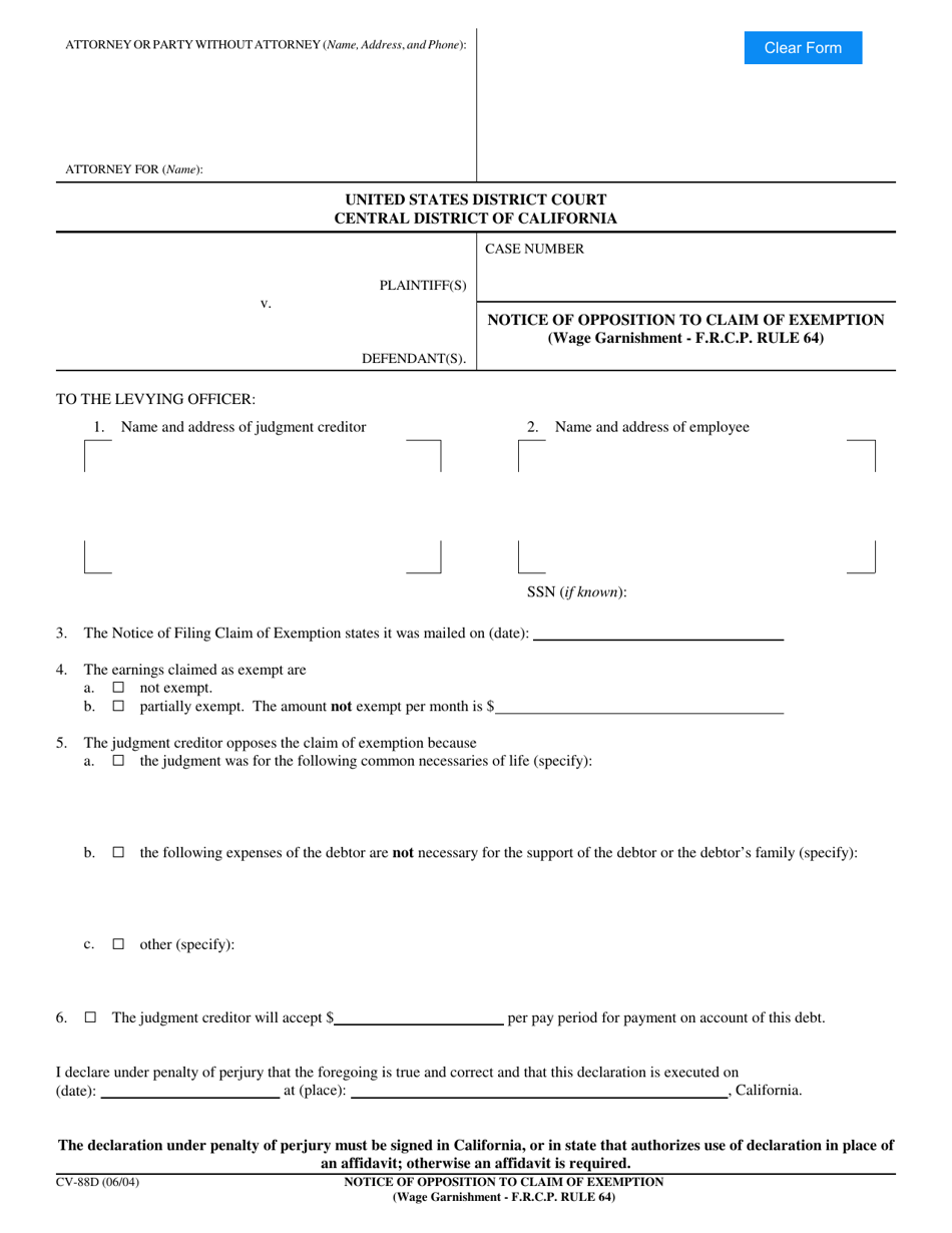 Form CV-88D Notice of Opposition to Claim of Exemption (Wage Garnishment - F.r.c.p. Rule 64) - California, Page 1