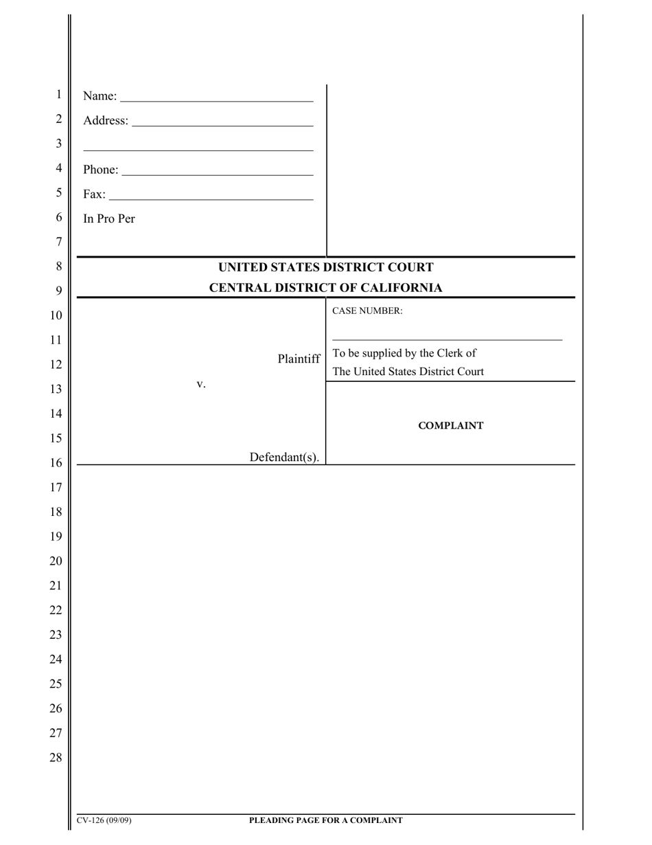 Form CV-126 Pleading Page for a Complaint - California, Page 1