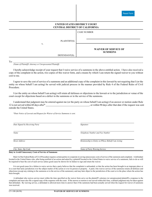 Form CV-108 Waiver of Service of Summons - California