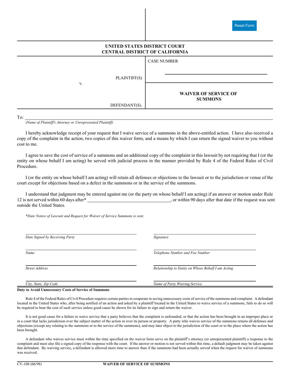 Form CV-108 Waiver of Service of Summons - California, Page 1