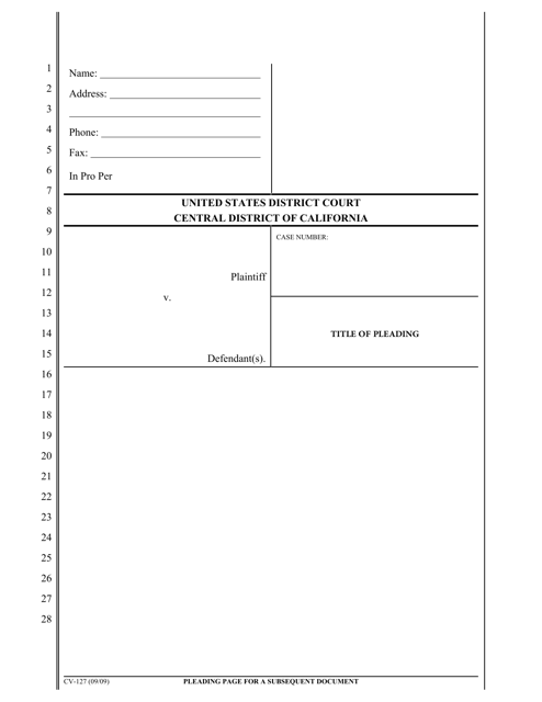 Form CV-127 Pleading Page for a Subsequent Document - California