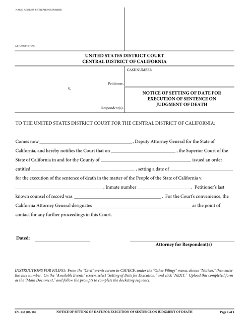 Form CV-138 Notice of Setting of Date for Execution of Sentence on Judgment of Death - California