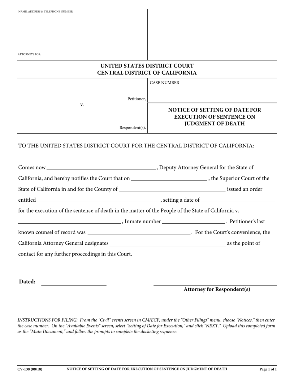 Form CV-138 Notice of Setting of Date for Execution of Sentence on Judgment of Death - California, Page 1