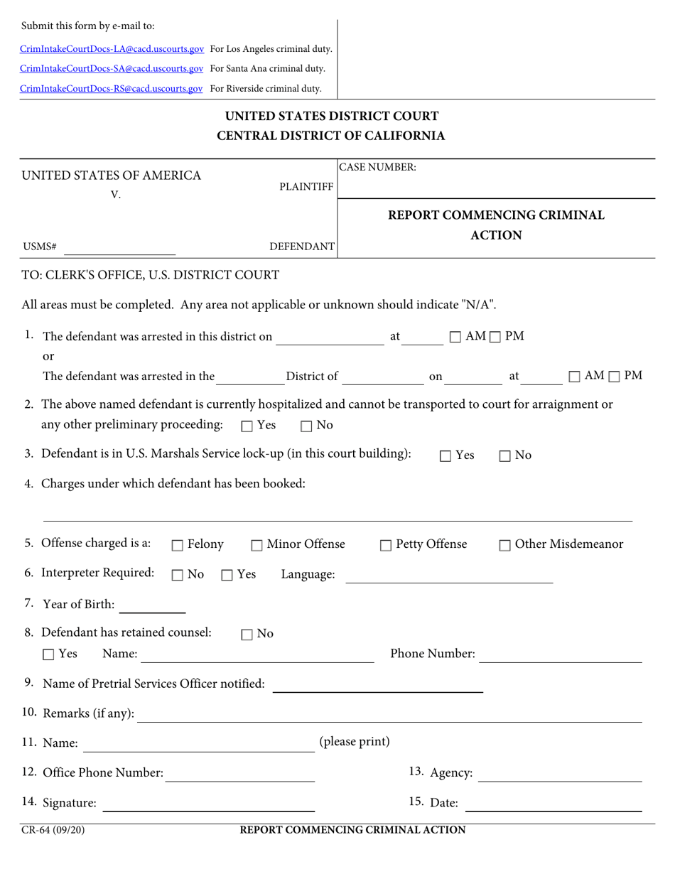 Form CR-64 Report Commencing Criminal Action - California, Page 1