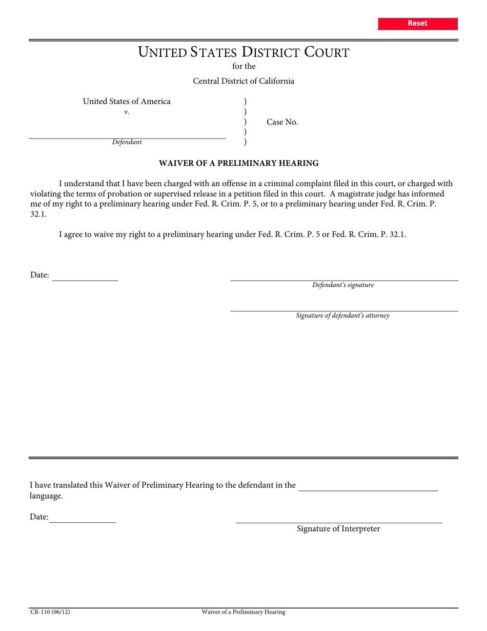 Form CR-110 Waiver of a Preliminary Hearing - California, Page 1
