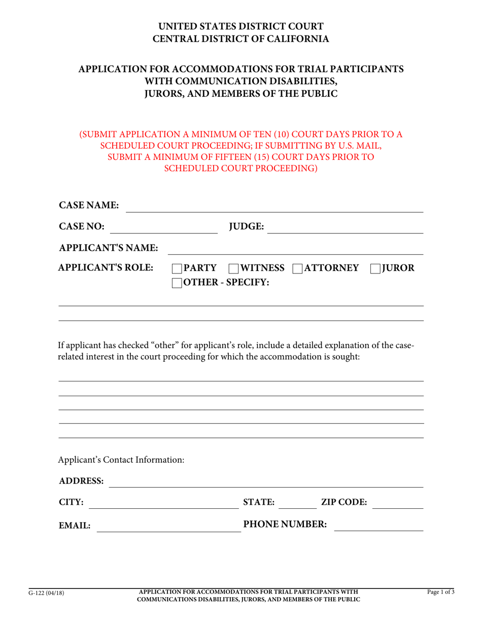 Form G-122 Application for Accommodations for Trial Participants With Communication Disabilities, Jurors, and Members of the Public - California, Page 1