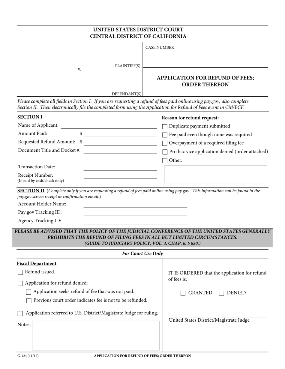 Form G-124 Application for Refund of Fees; Order Thereon - California, Page 1