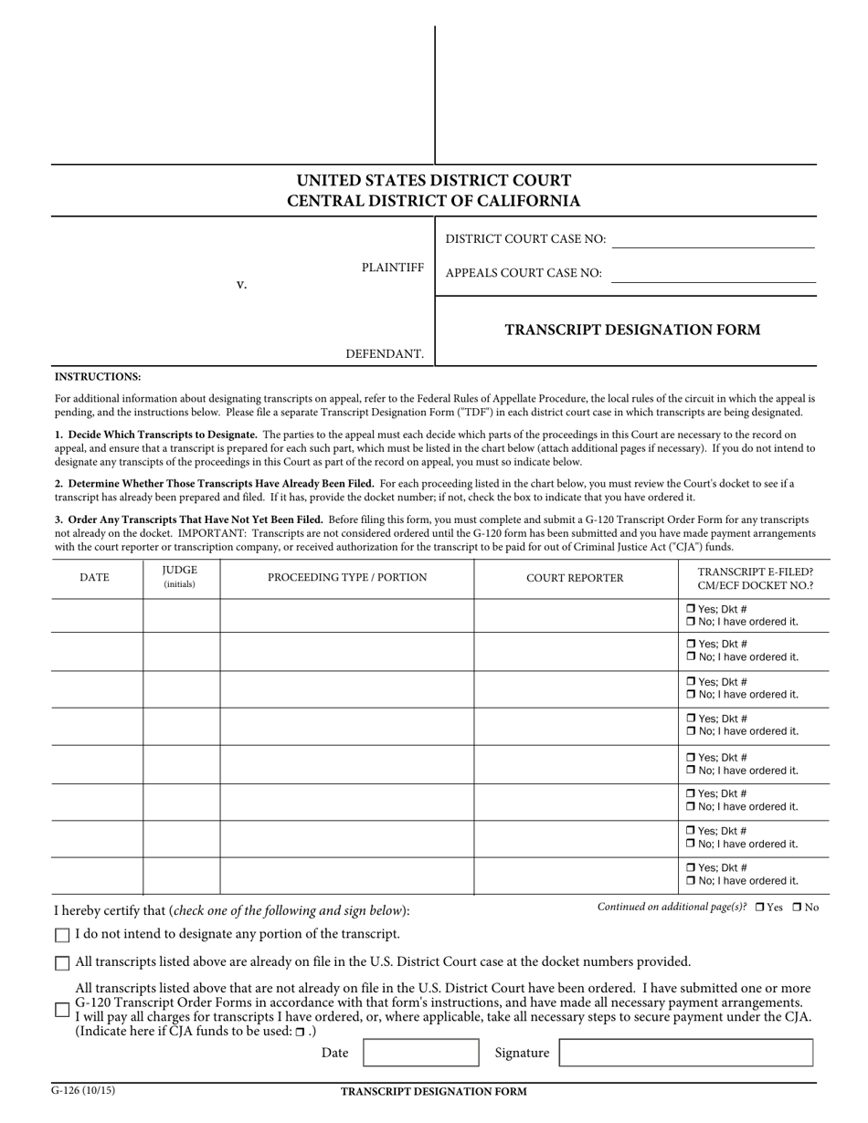 Form G-126 Transcript Designation Form - California, Page 1