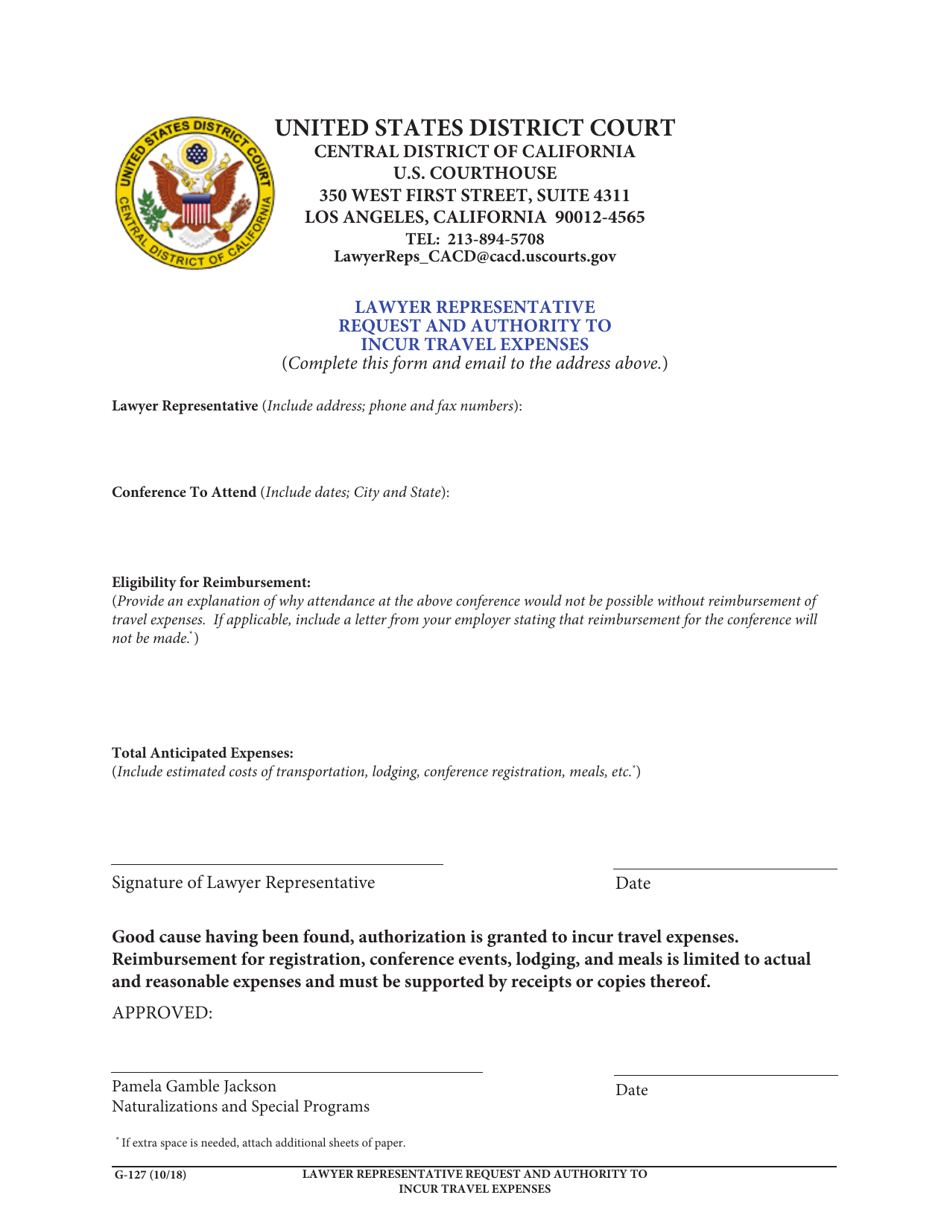 Form G-127 Lawyer Representative Request and Authority to Incur Travel Expenses - California, Page 1