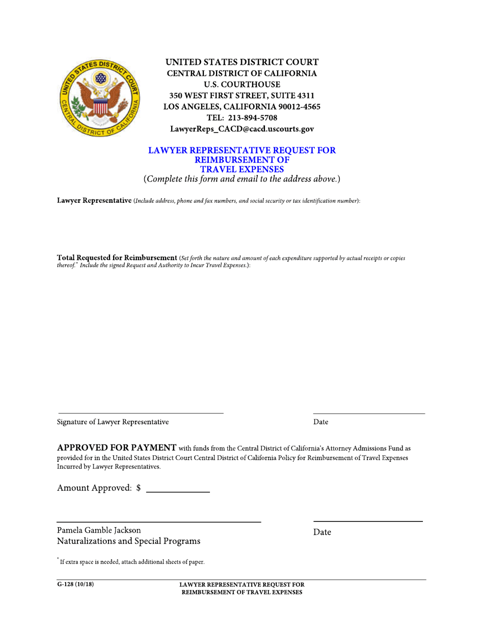 Form G-128 Lawyer Representative Request for Reimbursement of Travel Expenses - California, Page 1