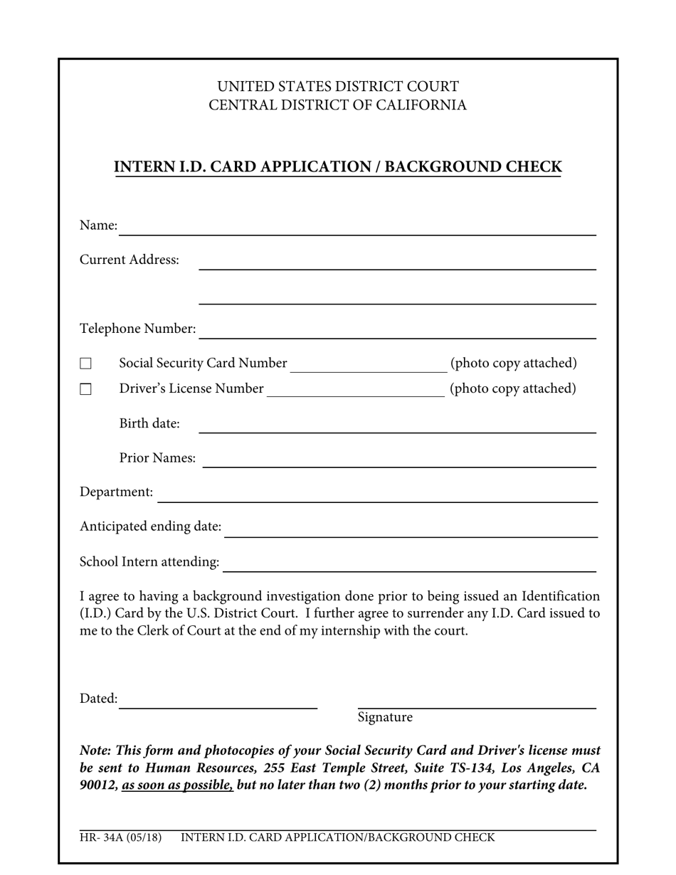 Form HR-34A Intern I.d. Card Application / Background Check - California, Page 1