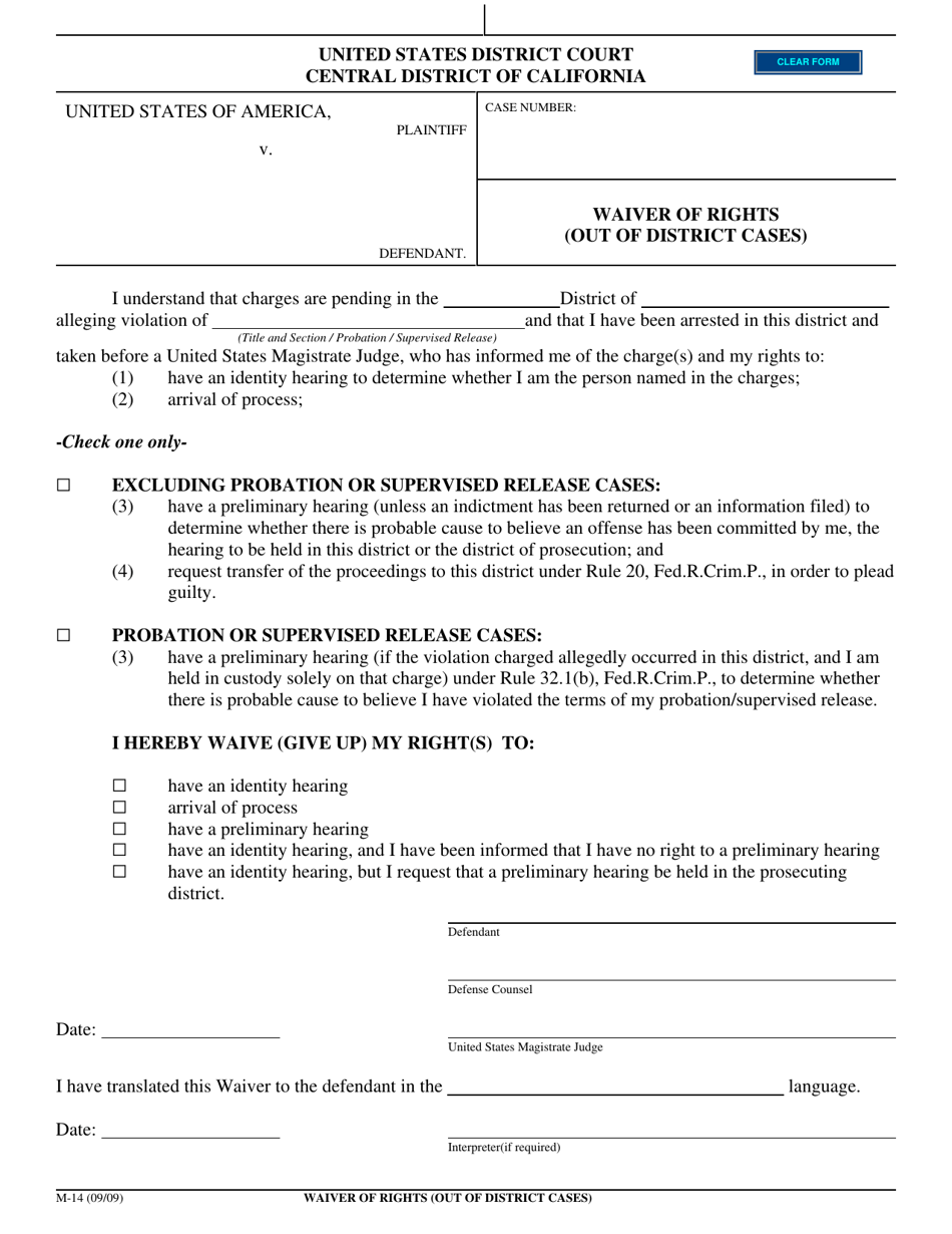 Form M-14 Waiver of Rights (Out of District Cases) - California, Page 1