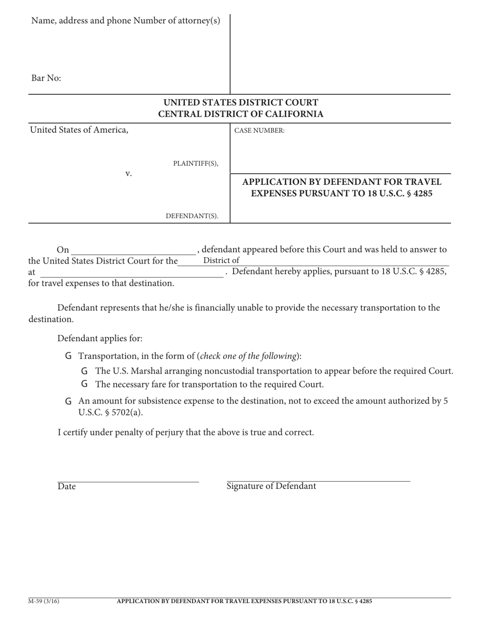Form M-59 Application by Defendant for Travel Expenses Pursuant to 18 U.s.c. 4285 - California, Page 1