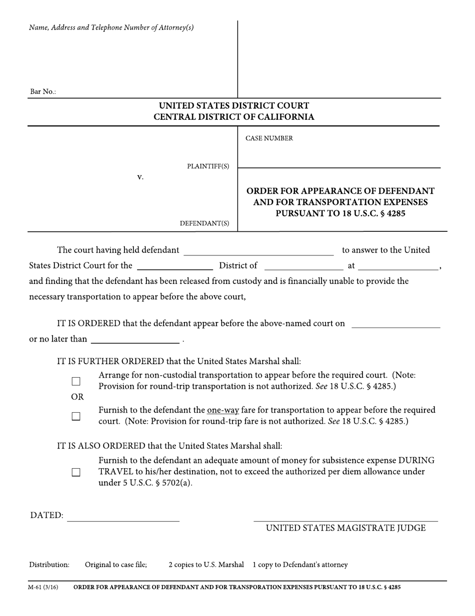 Form M-61 Order for Appearance of Defendant and for Transportation Expenses Pursuant to 18 U.s.c. 4285 - California, Page 1