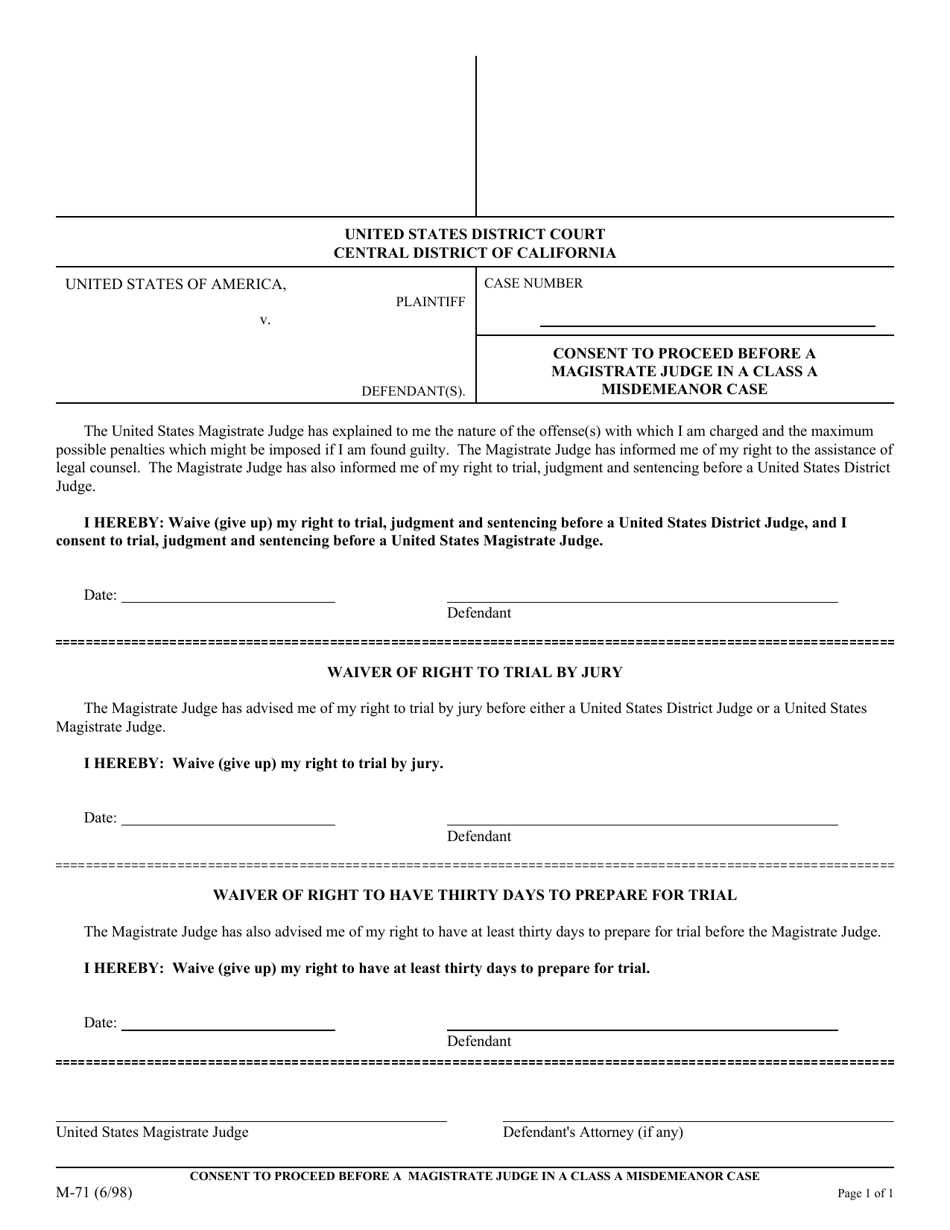 Form M-71 Consent to Proceed Before a Magistrate Judge in a Class a Misdemeanor Case - California, Page 1
