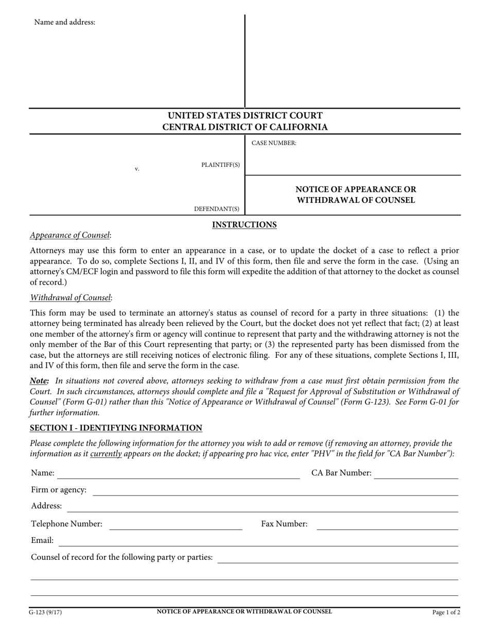 Form G-123 Notice of Appearance or Withdrawal of Counsel - California, Page 1