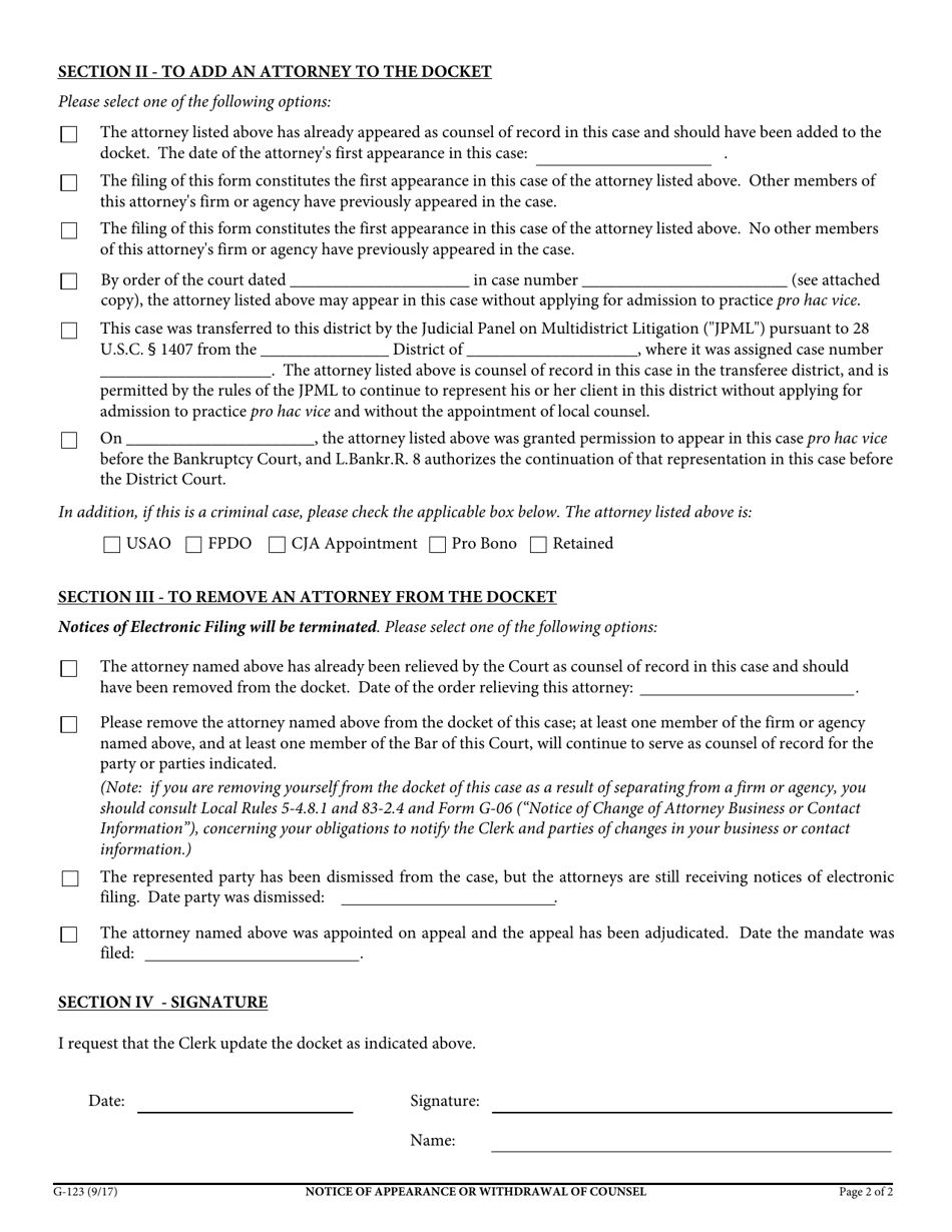 Form G-123 Notice of Appearance or Withdrawal of Counsel - California, Page 2