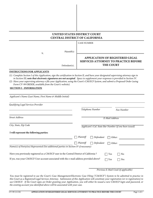 Form CV-99 Application of Registered Legal Services Attorney to Practice Before the Court - California