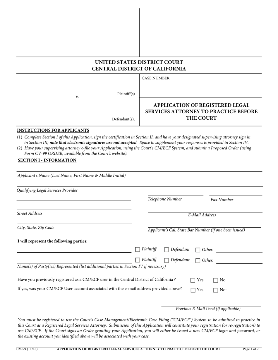 Form CV-99 Application of Registered Legal Services Attorney to Practice Before the Court - California, Page 1