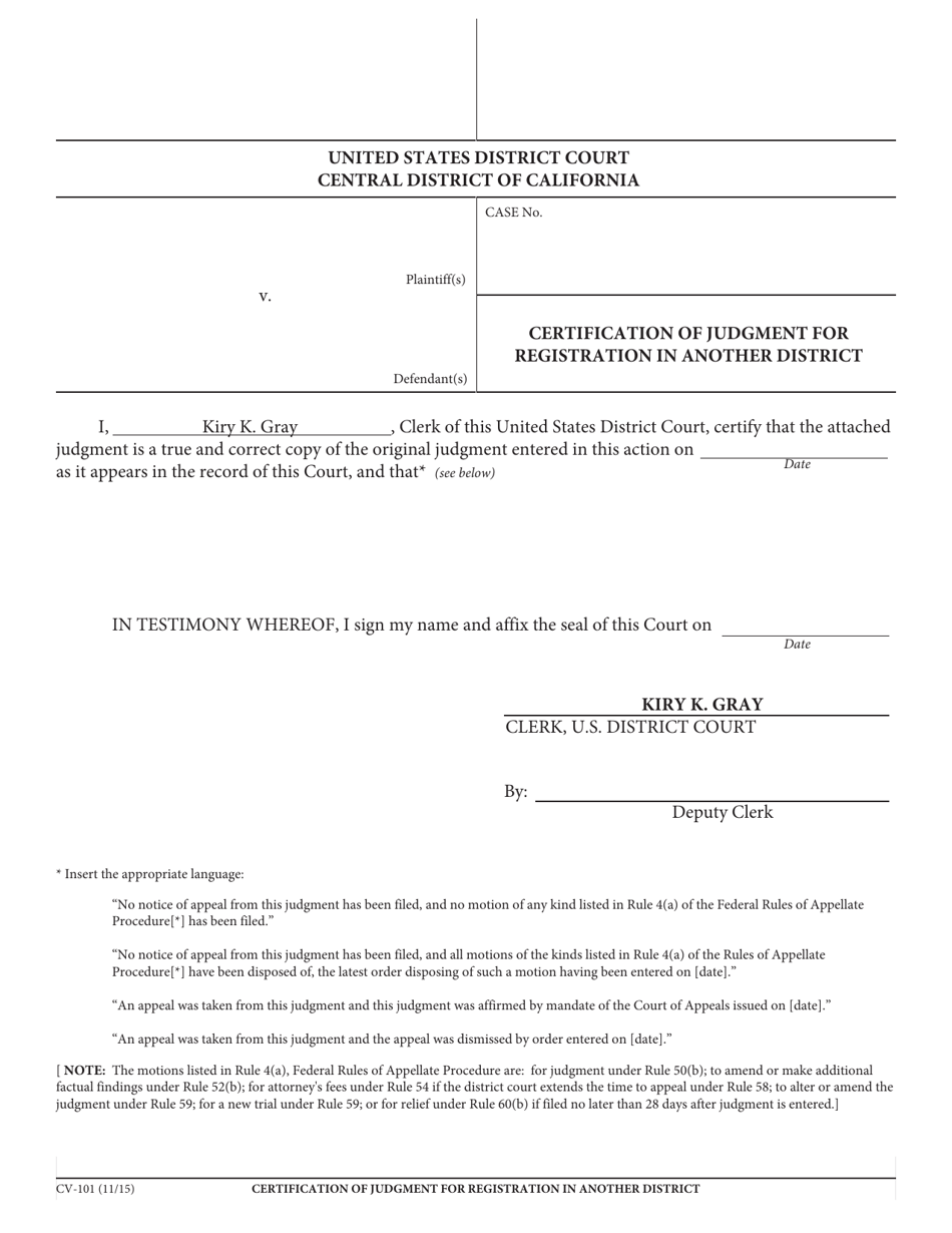 Form CV-101 Certification of Judgment for Registration in Another District - California, Page 1