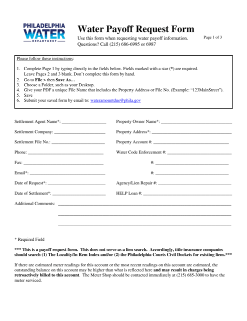 Water Payoff Request Form - City of Philadelphia, Pennsylvania Download Pdf