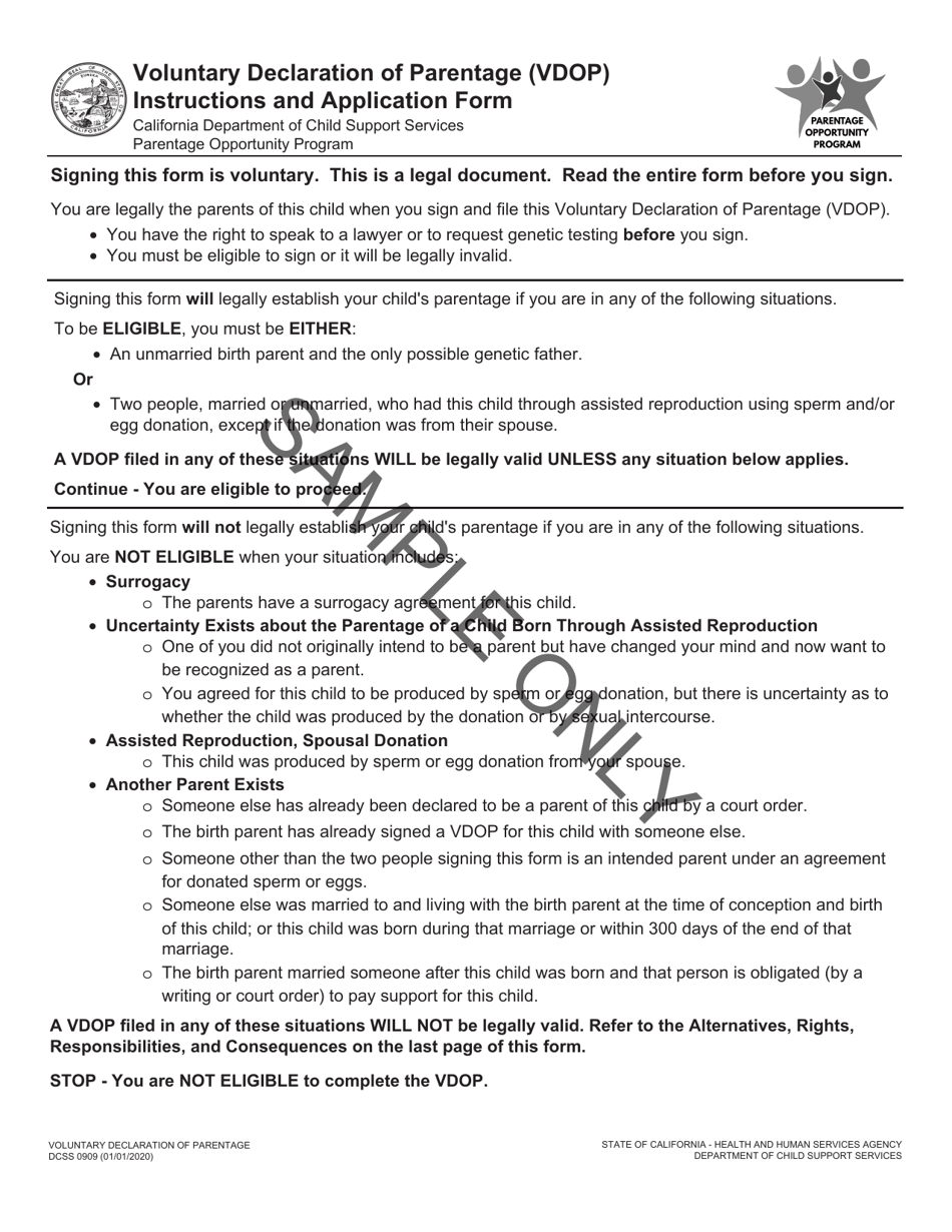 Form DCSS0909 Voluntary Declaration of Parentage (Vdop) - Sample - California, Page 1