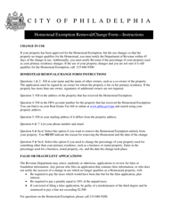 Document preview: Homestead Exemption Removal/Change Form - City of Philadelphia, Pennsylvania