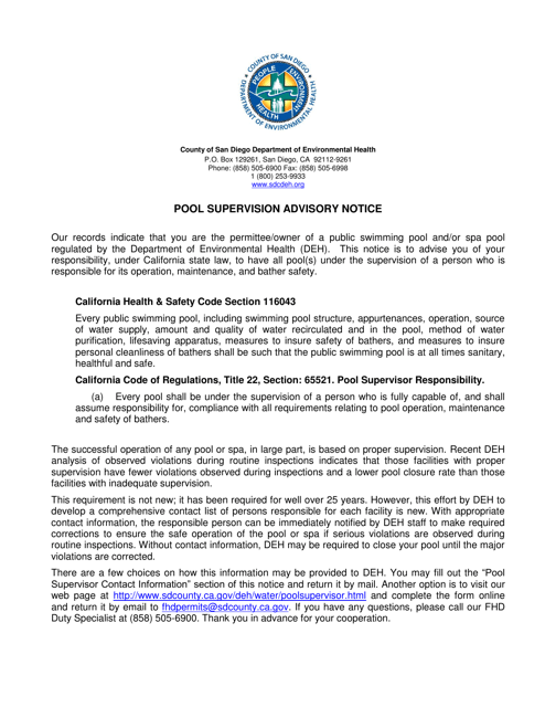 Pool Supervision Advisory Notice - County of San Diego, California Download Pdf