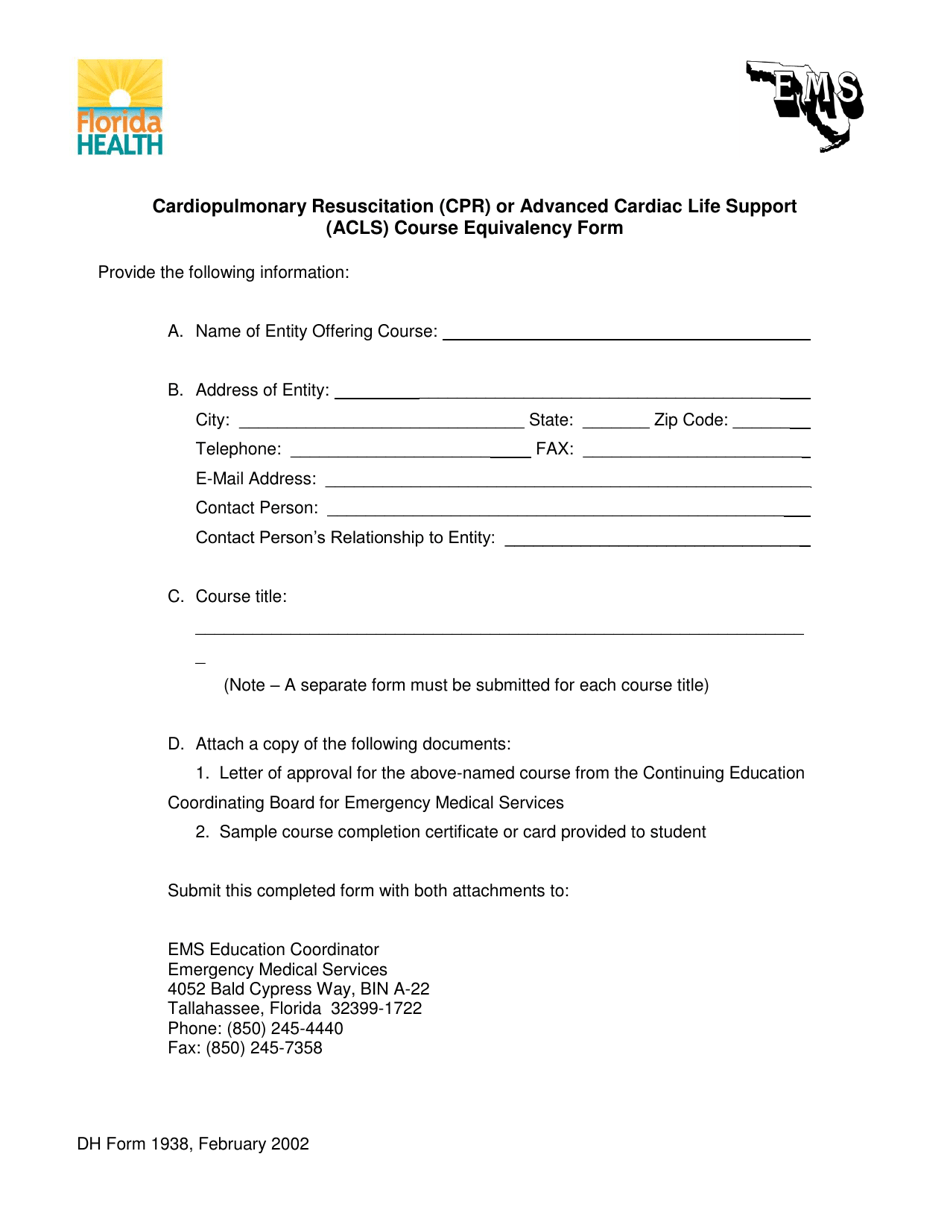 DH Form 1938 Cardiopulmonary Resuscitation (Cpr) or Advanced Cardiac Life Support (Acls) Course Equivalency Form - Florida, Page 1