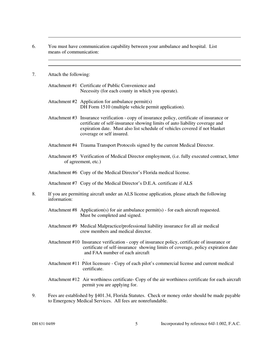 DH Form 631 Ground Ambulance Service Provider License Application - Emergency Medical Services Program - Florida, Page 5