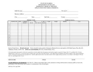 Document preview: DH Form 1510 Application for Vehicle Permit(S) - Emergency Medical Services - Florida