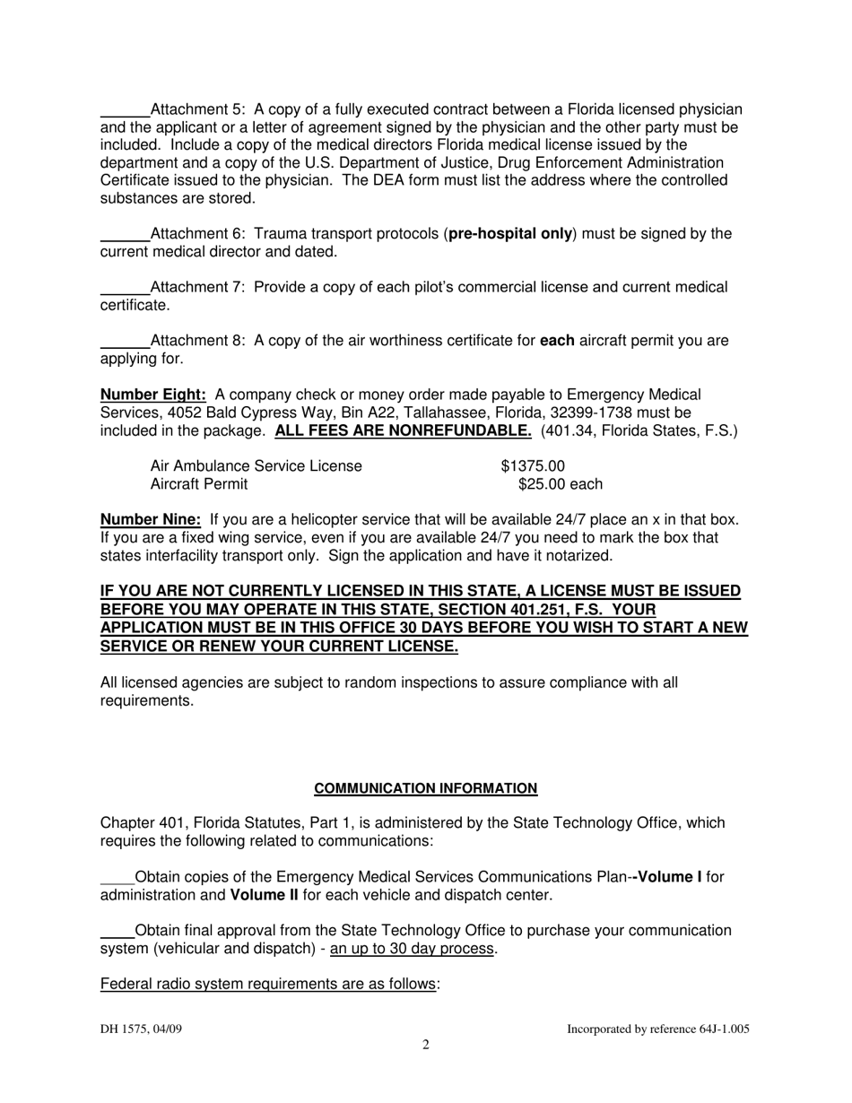 DH Form 1575 Air Ambulance Service License Application - Emergency Medical Services Program - Florida, Page 2