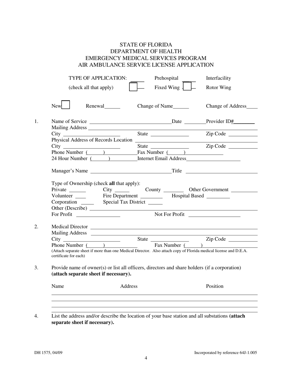 DH Form 1575 Air Ambulance Service License Application - Emergency Medical Services Program - Florida, Page 4