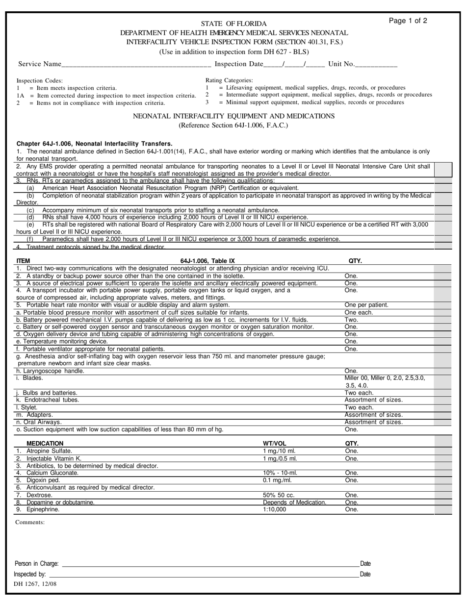Form DH1267 Neonatal Interfacility Vehicle Inspection Form - Emergency Medical Services - Florida, Page 1