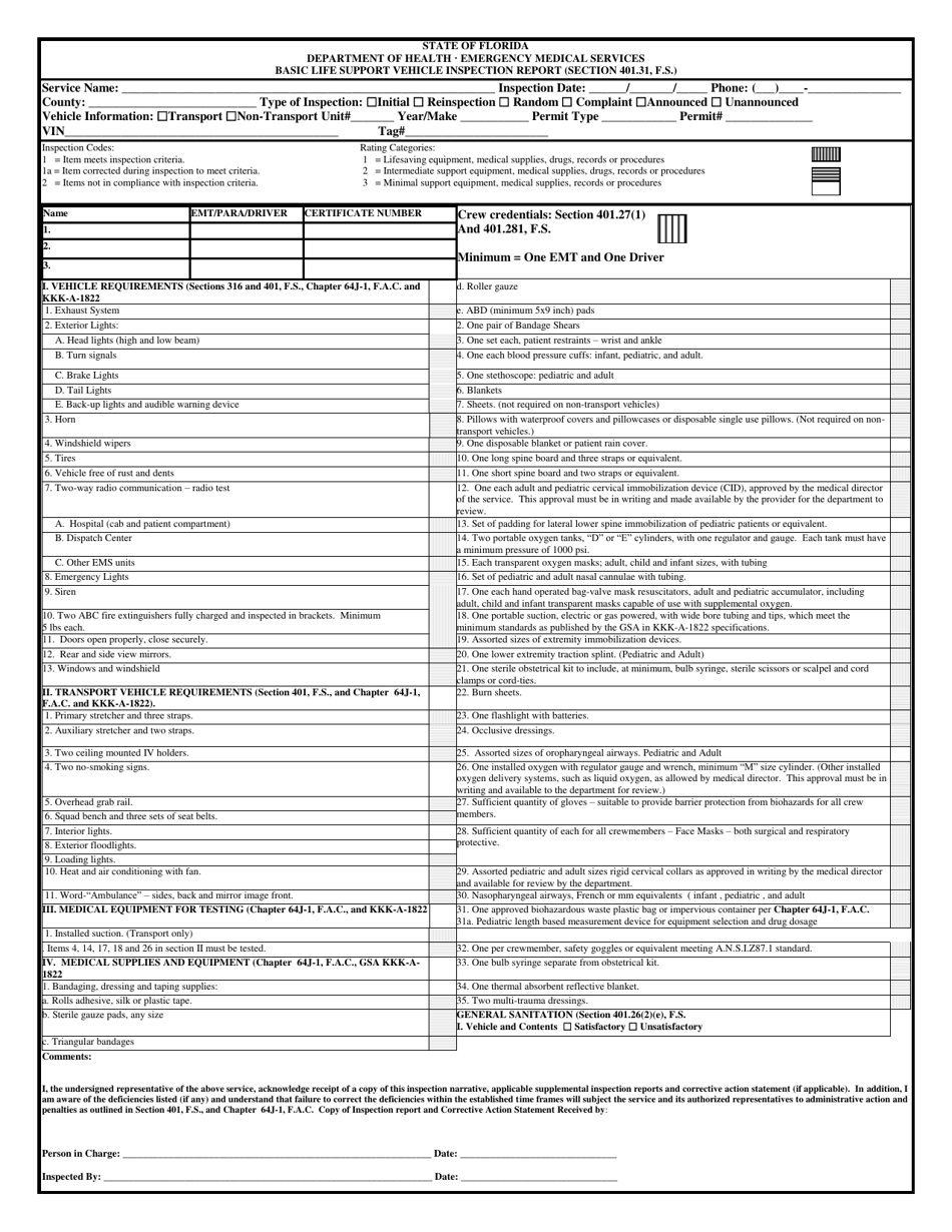 Basic Life Support Vehicle Inspection Report - Emergency Medical Services - Florida, Page 1