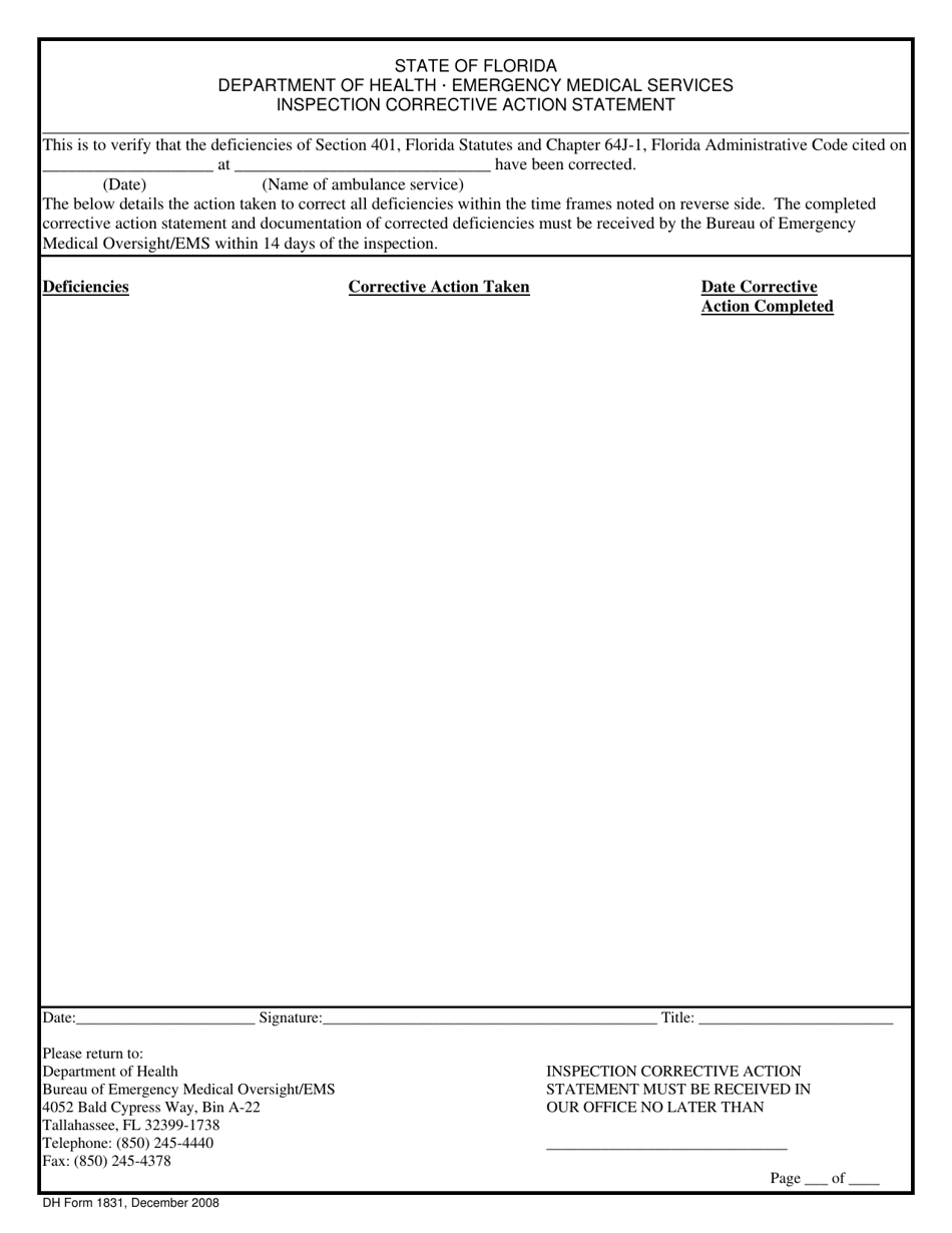 DH Form 1831 Inspection Corrective Action Statement - Emergency Medical Services - Florida, Page 1