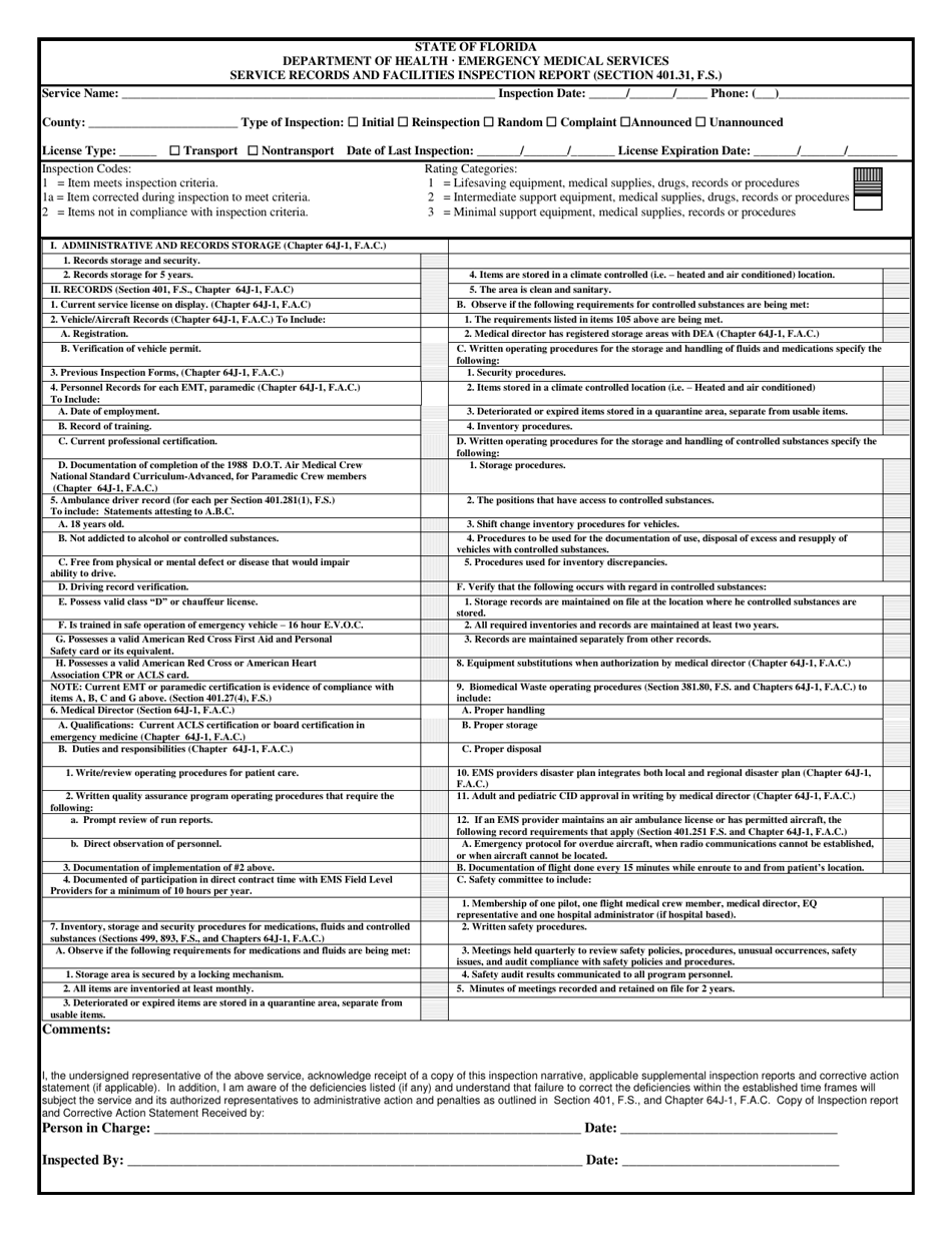 Service Records and Facilities Inspection Report - Emergency Medical Services - Florida, Page 1