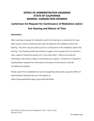 Form DGS OAH24 Lanterman Act Request for Continuance of Mediation and/or Fair Hearing and Waiver of Time - California