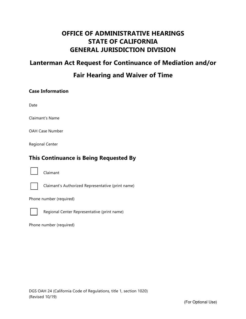 Form DGS OAH24 Lanterman Act Request for Continuance of Mediation and / or Fair Hearing and Waiver of Time - California, Page 2