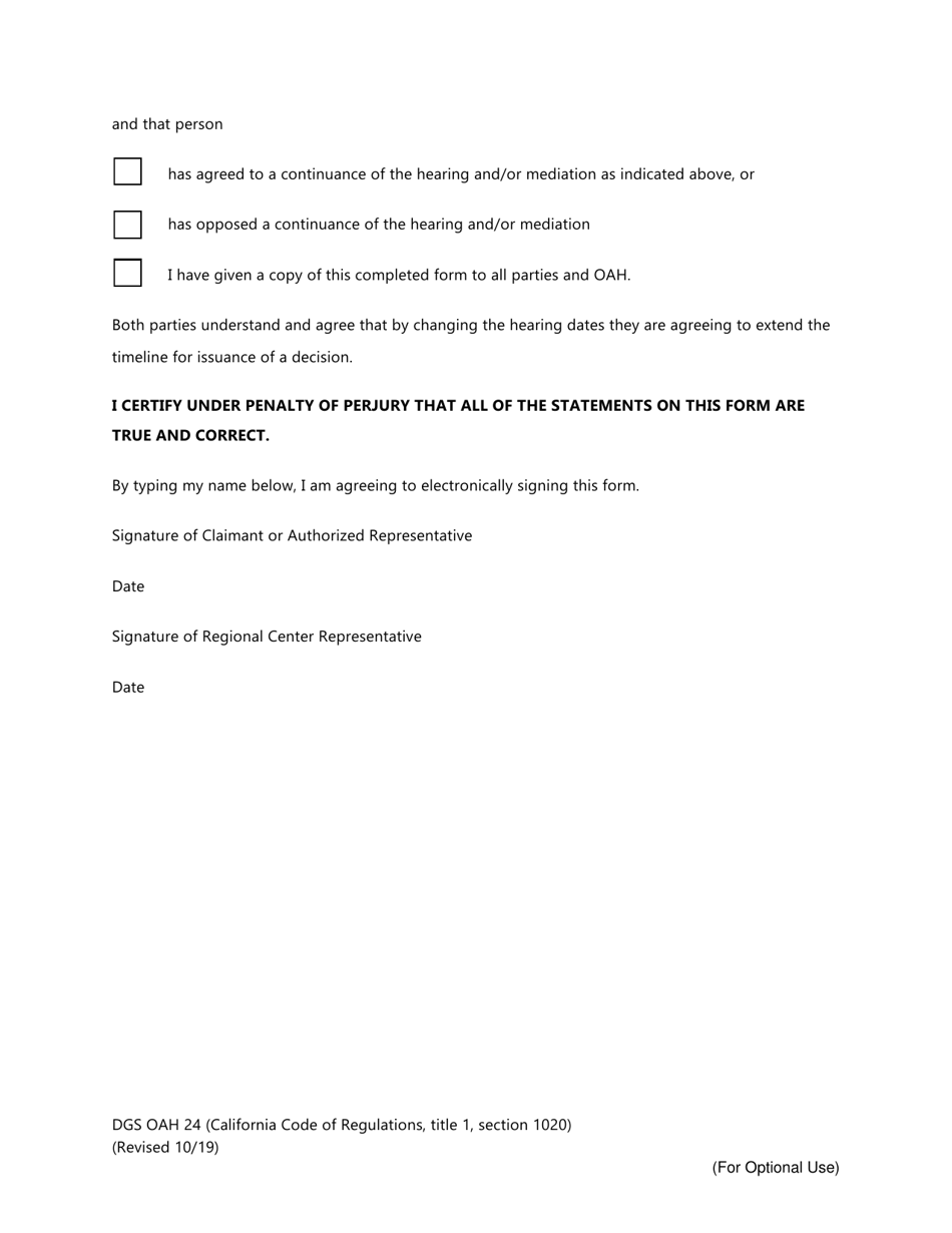 Form DGS OAH24 Lanterman Act Request for Continuance of Mediation and / or Fair Hearing and Waiver of Time - California, Page 4