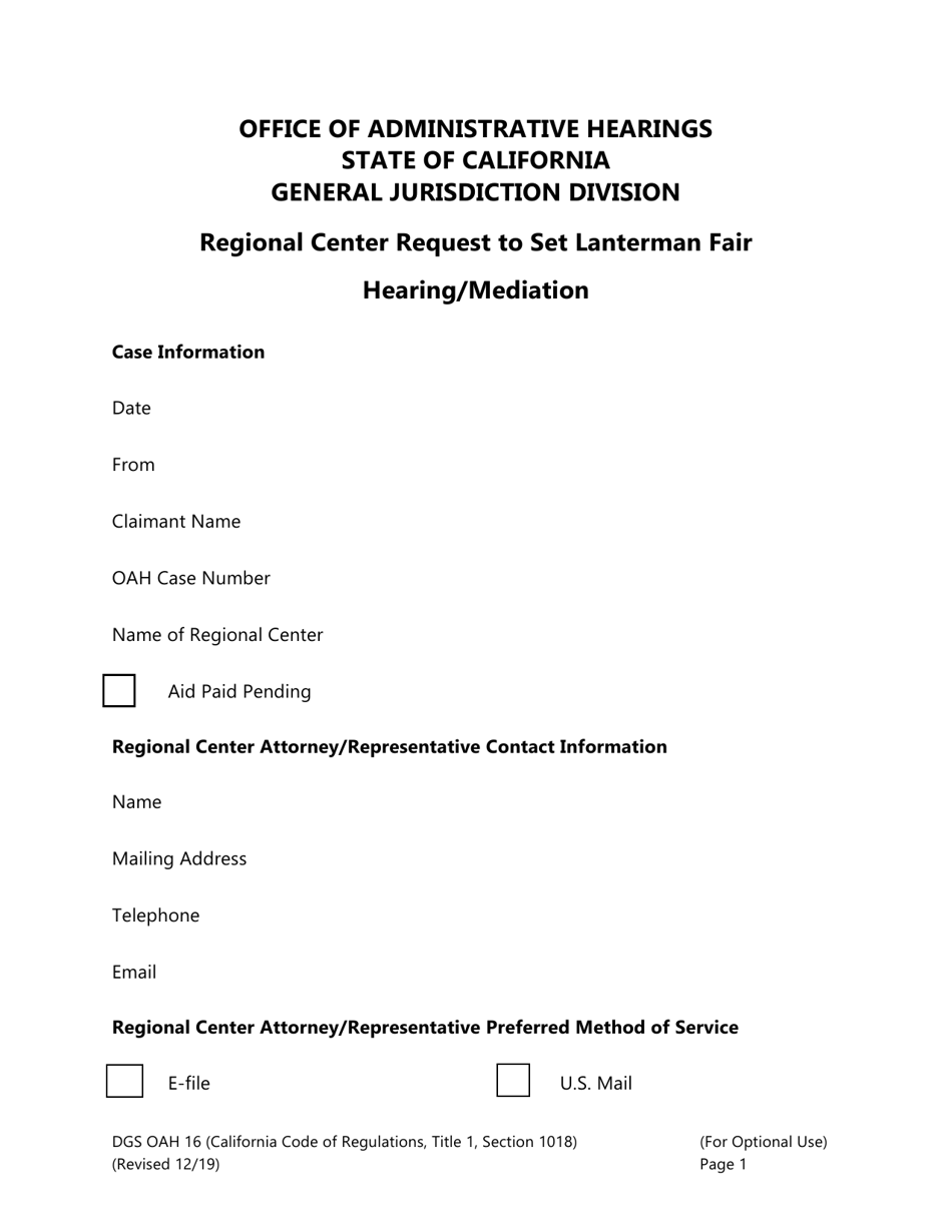Form DGS OAH16 Regional Center Request to Set Lanterman Fair Hearing / Mediation - California, Page 1