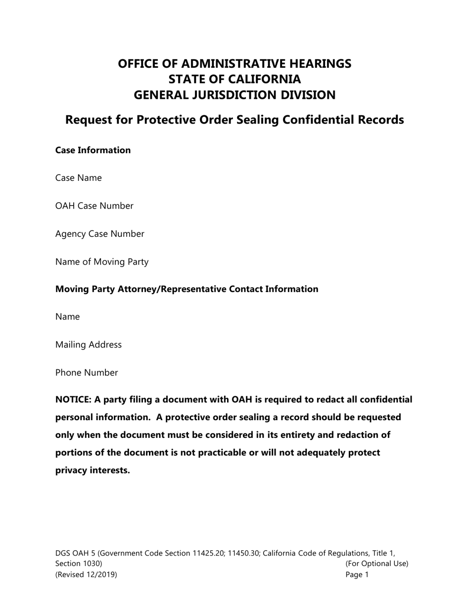 Form DGS OAH5 Request for Protective Order Sealing Confidential Records - California, Page 1