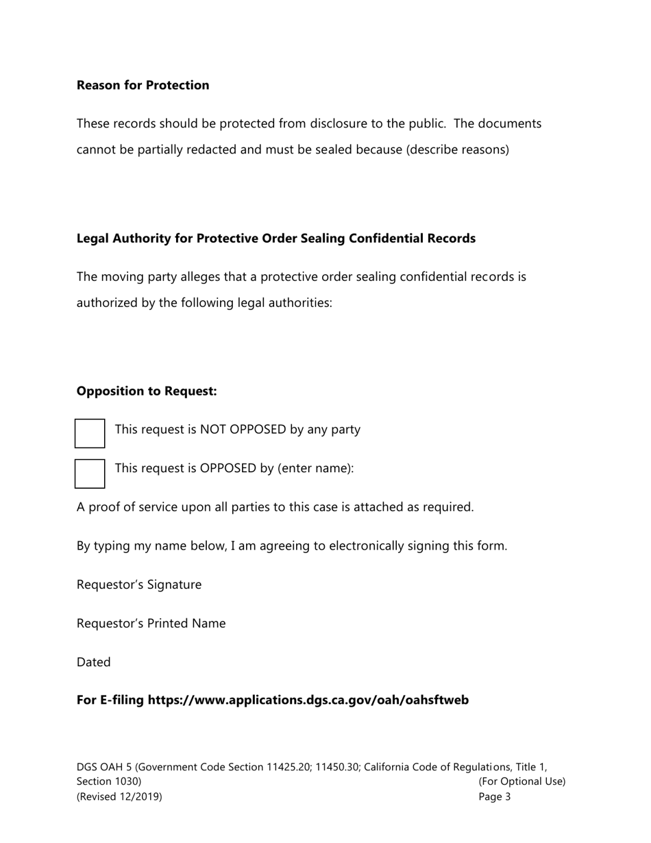 Form DGS OAH5 Request for Protective Order Sealing Confidential Records - California, Page 3