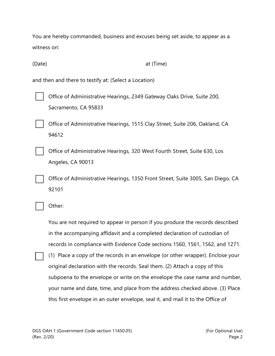 Form DGS OAH1 Subpoena / Subpoena Duces Tecum - California, Page 2