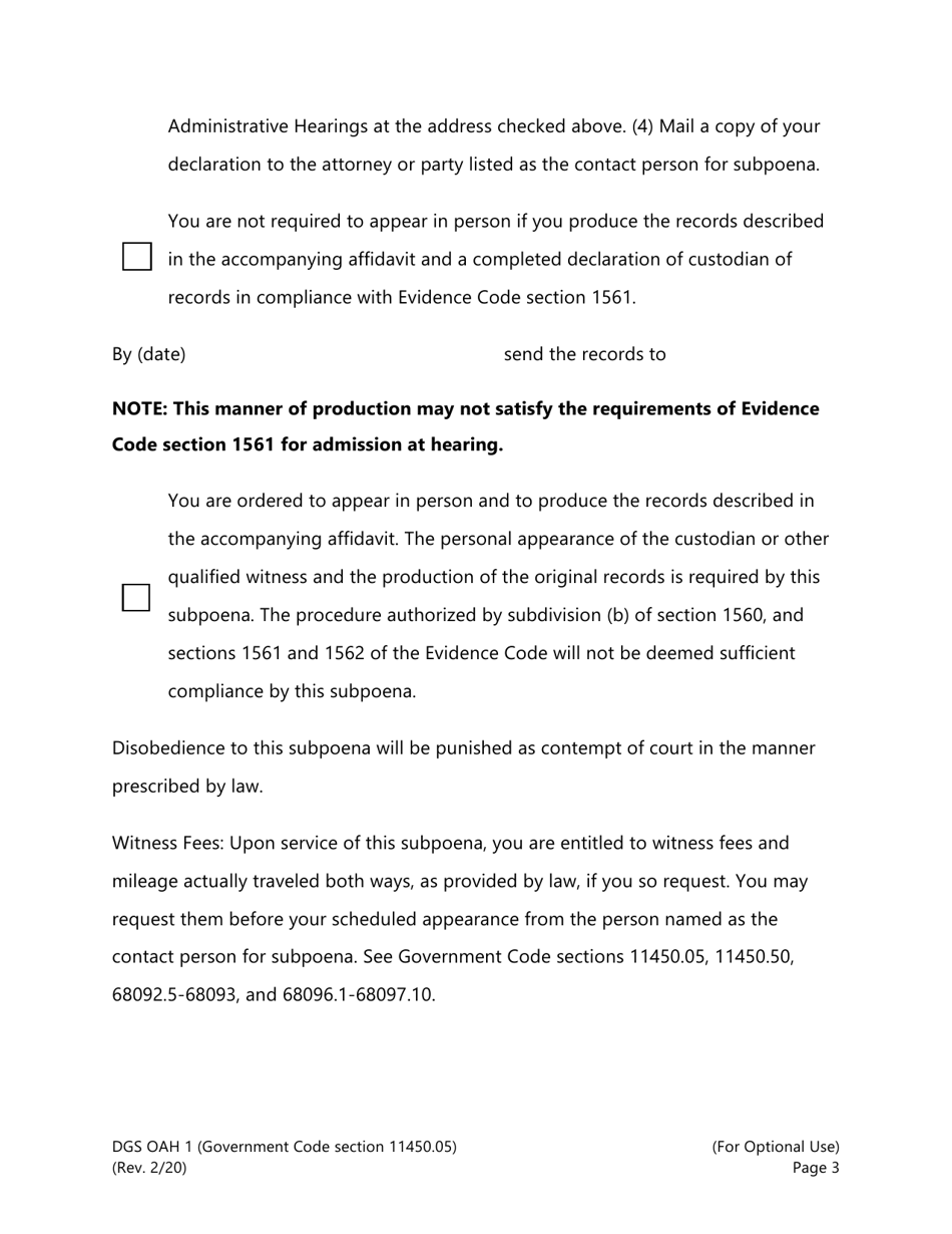 Form DGS OAH1 Subpoena / Subpoena Duces Tecum - California, Page 3