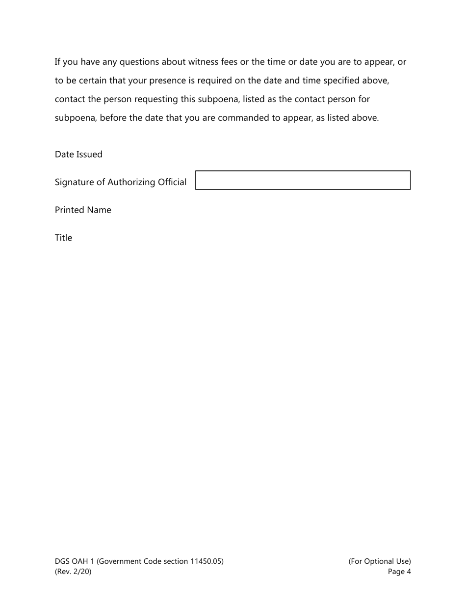 Form DGS OAH1 Subpoena / Subpoena Duces Tecum - California, Page 4