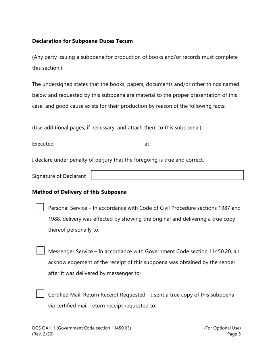 Form DGS OAH1 Subpoena / Subpoena Duces Tecum - California, Page 5